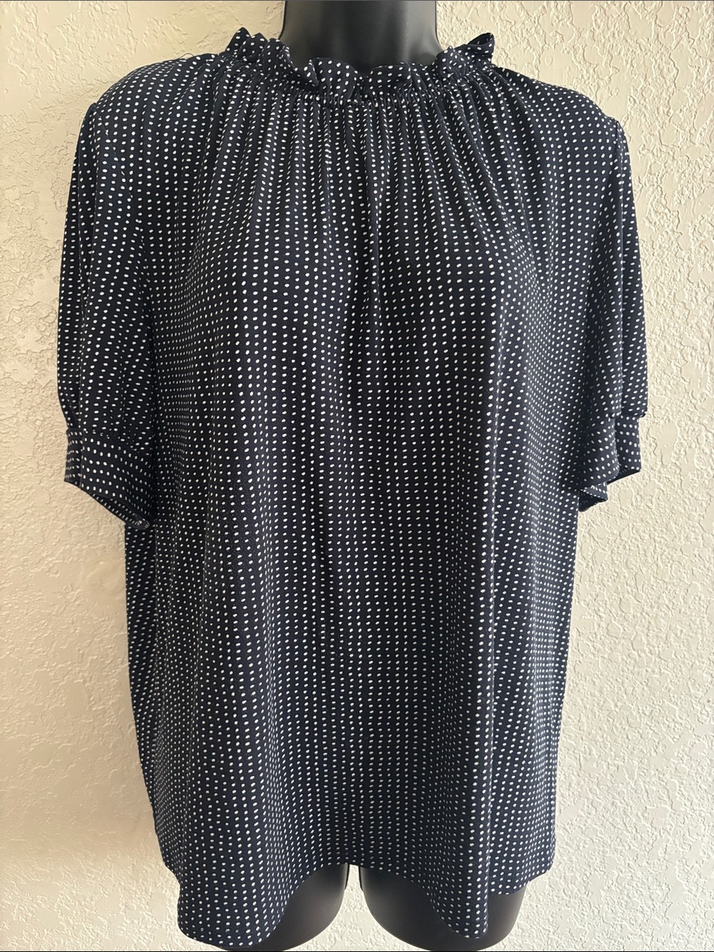 Adrianna Papell Navy and White Dot Ruffled Neck Blouse